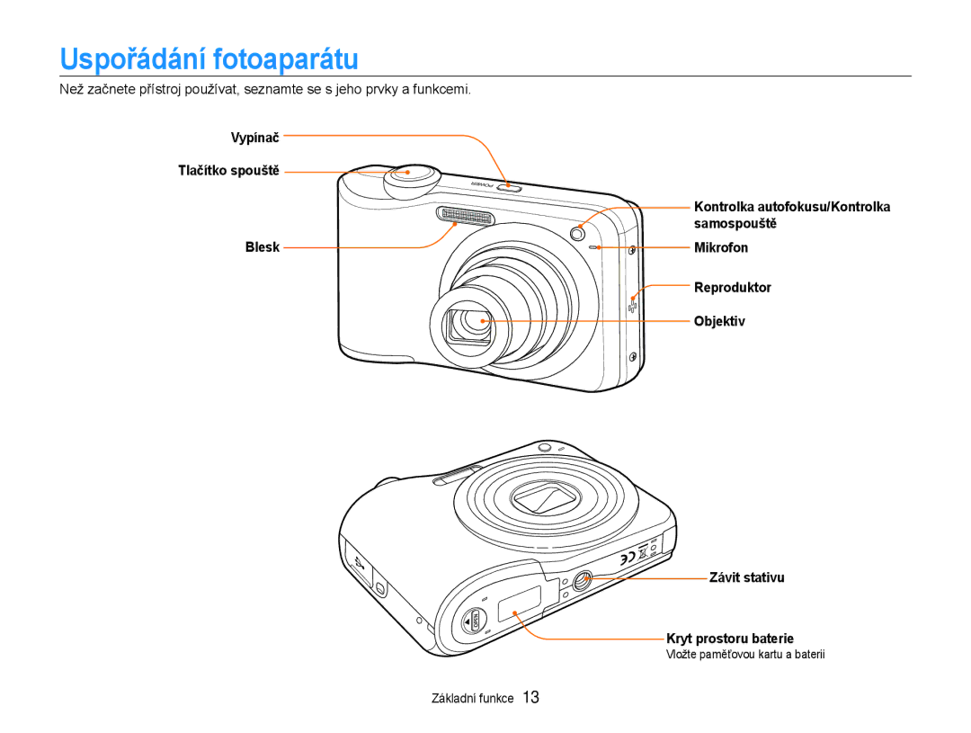 Samsung EC-ES30ZZBASE3 Uspořádání fotoaparátu, Vypínač Tlačítko spouště Blesk, Kontrolka autofokusu/Kontrolka samospouště 