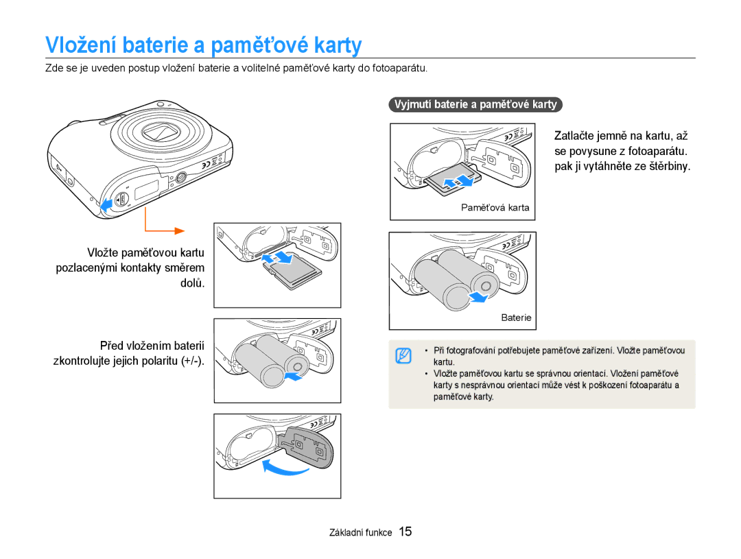 Samsung EC-ES30ZZBASE3 Vložení baterie a paměťové karty, Vložte paměťovou kartu, Dolů, Vyjmutí baterie a paměťové karty 