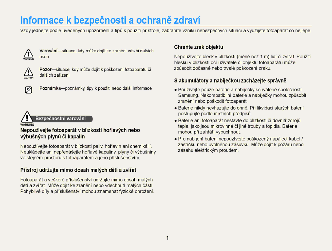 Samsung EC-ES30ZZBASE3 manual Informace k bezpečnosti a ochraně zdraví, Chraňte zrak objektu, Bezpečnostní varování 