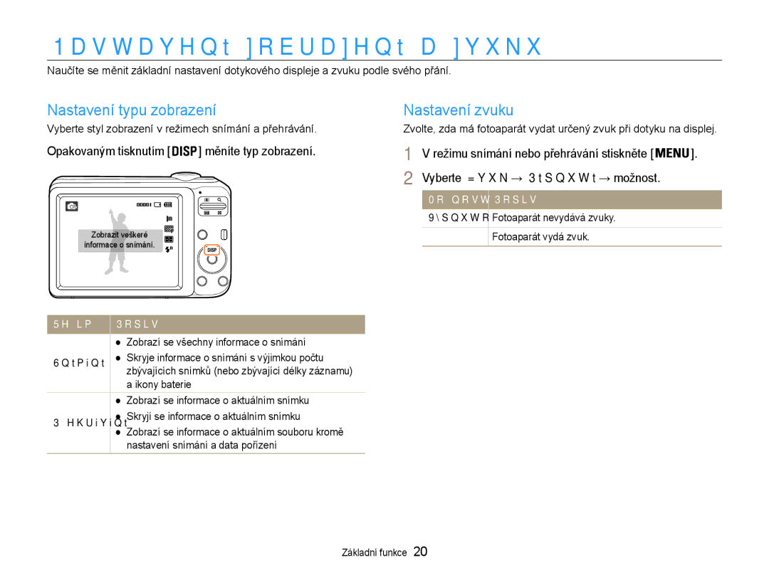 Samsung EC-ES30ZZBABE3, EC-ES30ZZBASE3 manual Nastavení zobrazení a zvuku, Nastavení typu zobrazení, Nastavení zvuku 