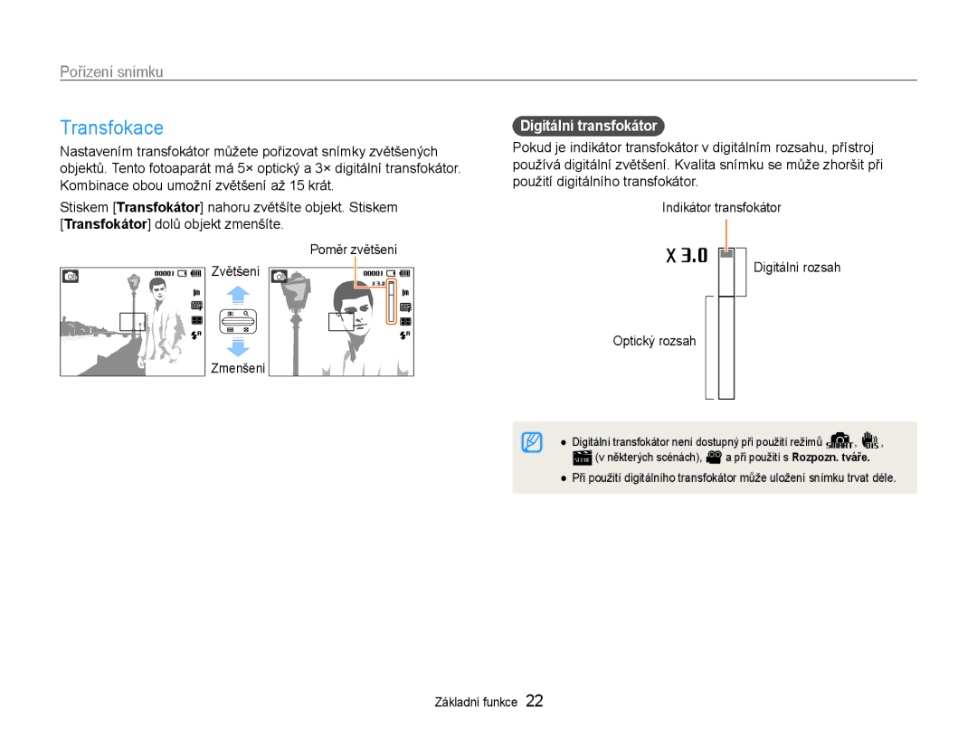 Samsung EC-ES30ZZBABE3, EC-ES30ZZBASE3 manual Transfokace, Pořízení snímku, Digitální transfokátor 