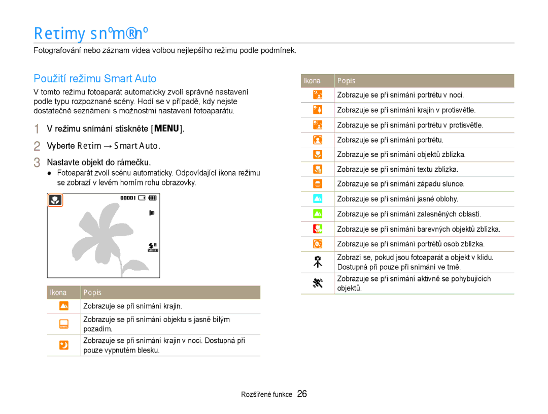 Samsung EC-ES30ZZBABE3 Režimy snímání, Použití režimu Smart Auto, Nastavte objekt do rámečku, Vyberte Režim → Smart Auto 