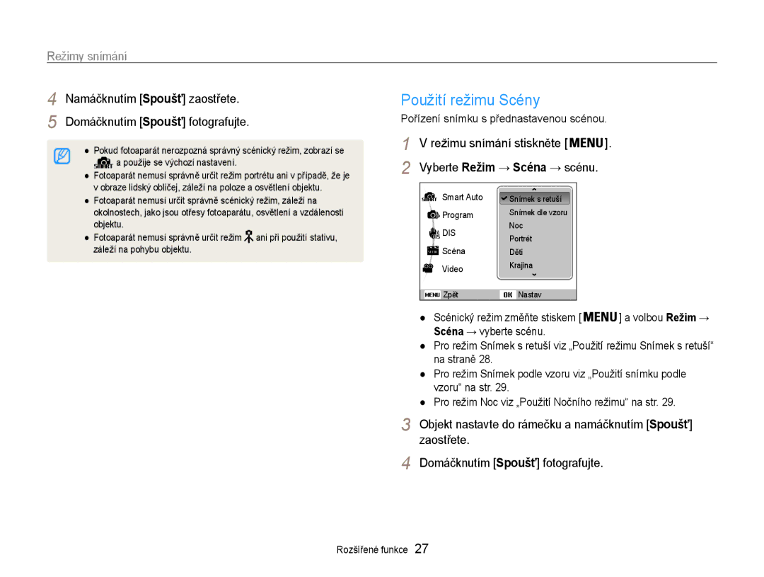 Samsung EC-ES30ZZBASE3, EC-ES30ZZBABE3 manual Použití režimu Scény, Režimy snímání, Vyberte Režim → Scéna → scénu 