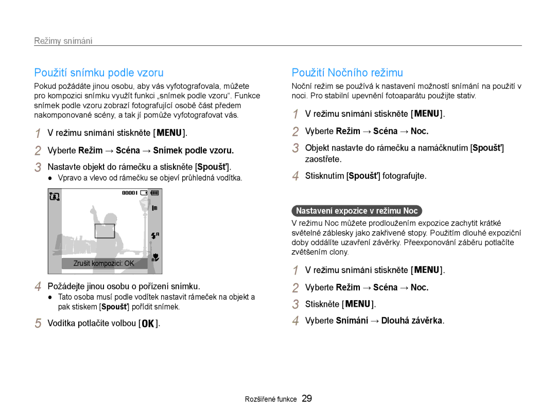 Samsung EC-ES30ZZBASE3, EC-ES30ZZBABE3 Použití snímku podle vzoru, Použití Nočního režimu, Vyberte Režim → Scéna → Noc 