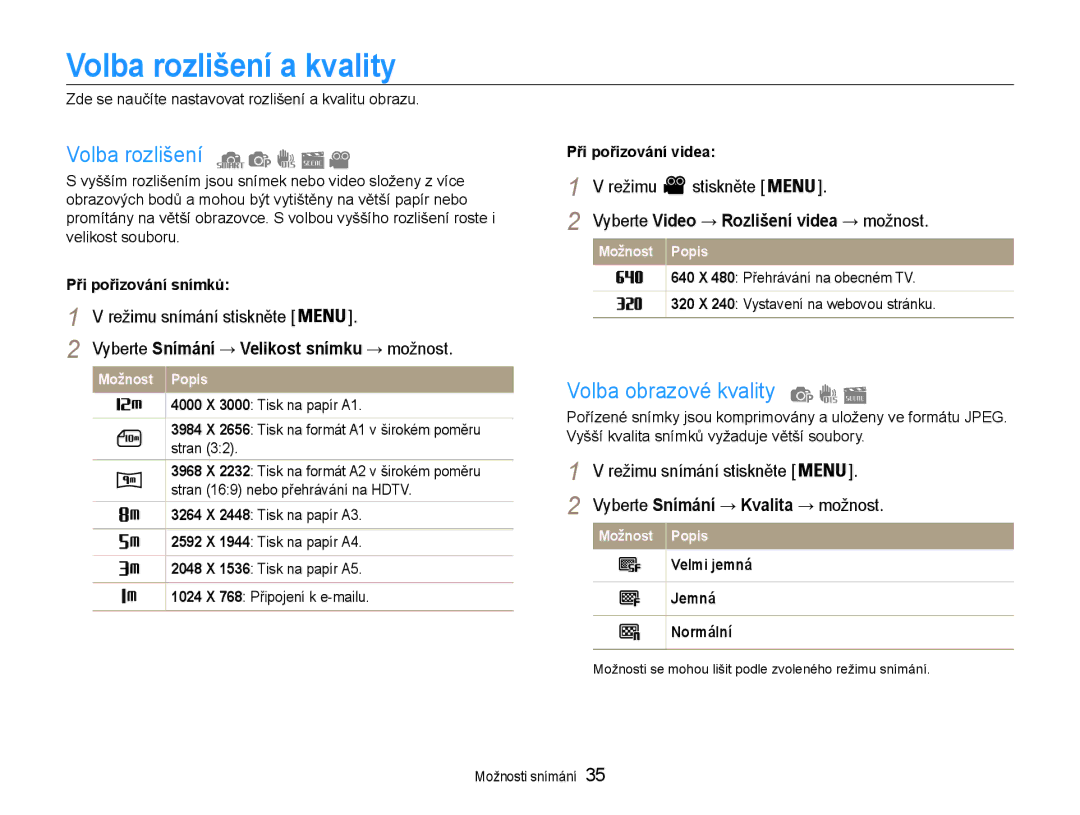 Samsung EC-ES30ZZBASE3, EC-ES30ZZBABE3 manual Volba rozlišení a kvality, Volba obrazové kvality, Režimu Stiskněte 