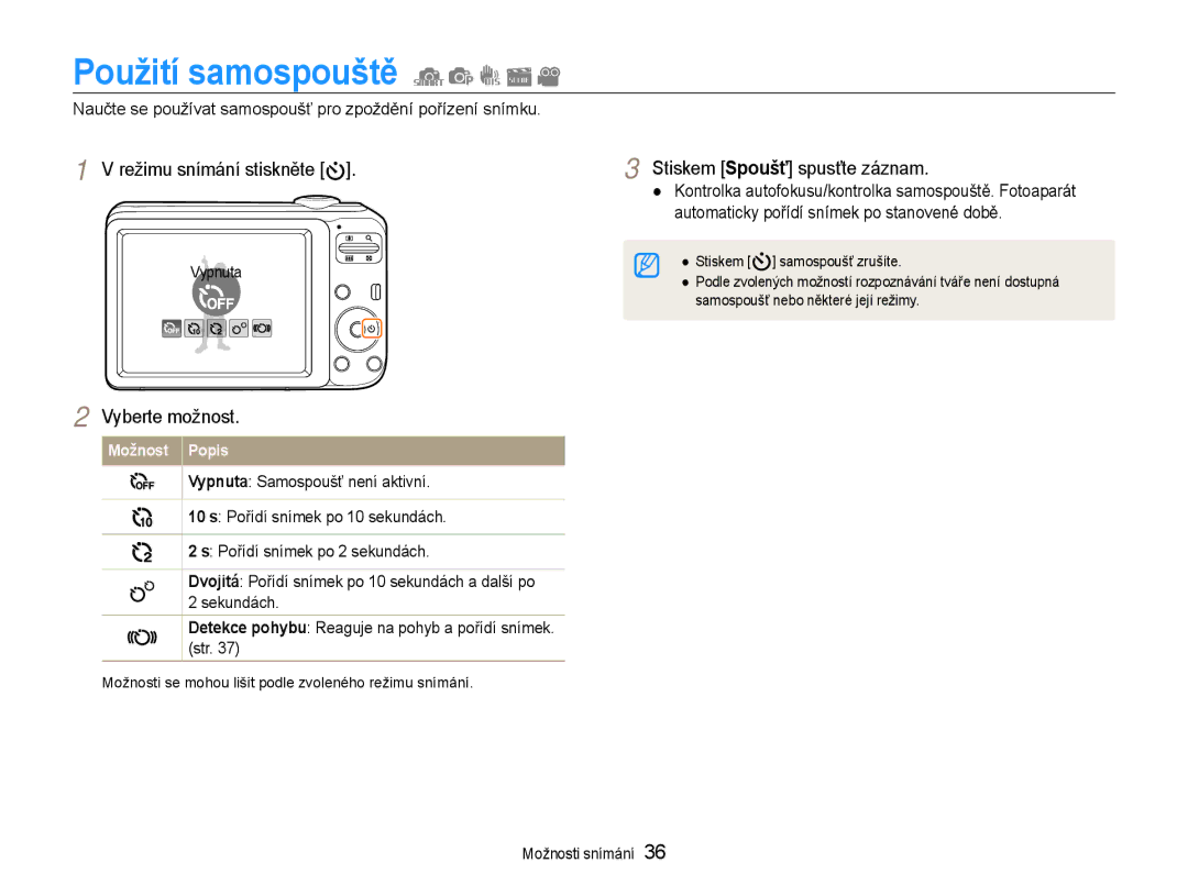 Samsung EC-ES30ZZBABE3, EC-ES30ZZBASE3 Použití samospouště, Naučte se používat samospoušť pro zpoždění pořízení snímku 