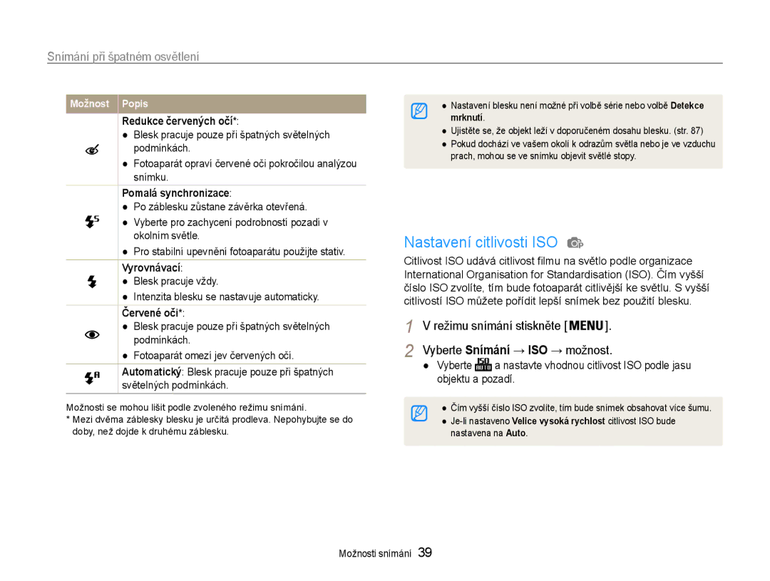 Samsung EC-ES30ZZBASE3, EC-ES30ZZBABE3 manual Nastavení citlivosti ISO, Snímání při špatném osvětlení 