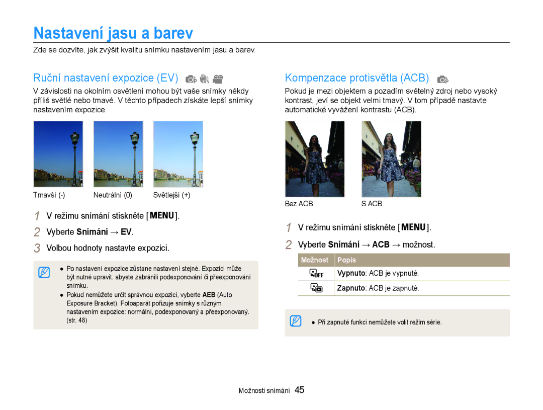 Samsung EC-ES30ZZBASE3, EC-ES30ZZBABE3 Nastavení jasu a barev, Ruční nastavení expozice EV, Kompenzace protisvětla ACB 