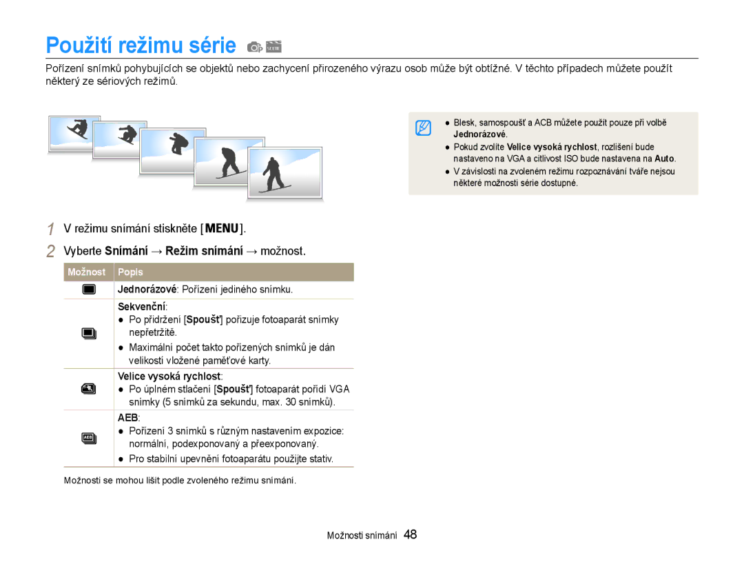 Samsung EC-ES30ZZBABE3 manual Použití režimu série, Jednorázové Pořízení jediného snímku, Sekvenční, Velice vysoká rychlost 