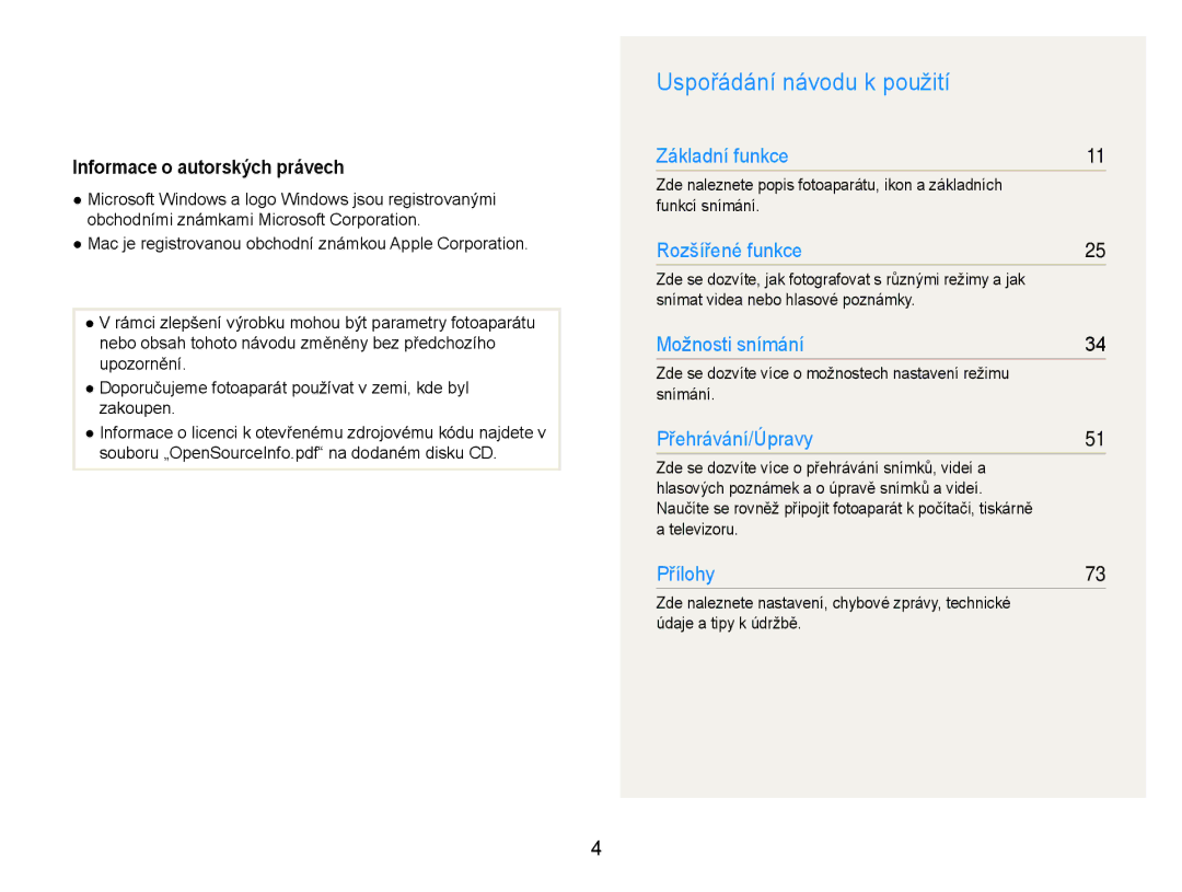 Samsung EC-ES30ZZBABE3, EC-ES30ZZBASE3 manual Uspořádání návodu k použití, Informace o autorských právech 