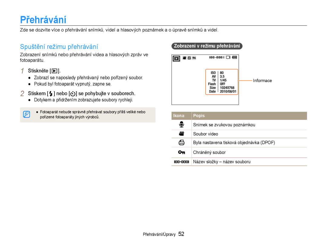 Samsung EC-ES30ZZBABE3, EC-ES30ZZBASE3 manual Přehrávání, Stiskem nebo se pohybujte v souborech 