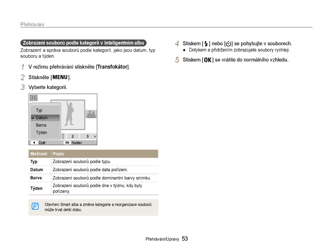 Samsung EC-ES30ZZBASE3, EC-ES30ZZBABE3 manual Přehrávání, Režimu přehrávání stiskněte Transfokátor, Vyberte kategorii 