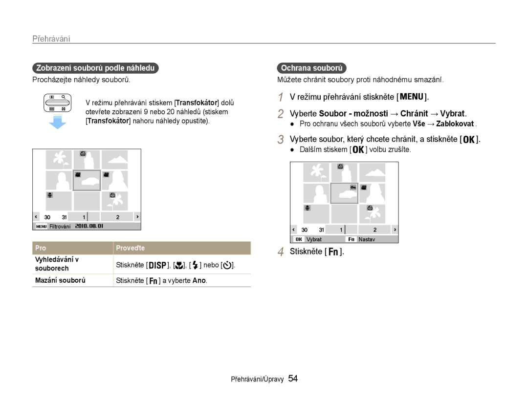 Samsung EC-ES30ZZBABE3, EC-ES30ZZBASE3 manual Procházejte náhledy souborů, Vyberte Soubor možnosti → Chránit → Vybrat 