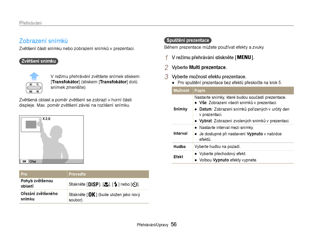 Samsung EC-ES30ZZBABE3, EC-ES30ZZBASE3 manual Režimu přehrávání stiskněte, Vyberte Multi prezentace, Zvětšení snímku 