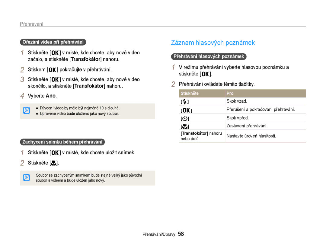 Samsung EC-ES30ZZBABE3, EC-ES30ZZBASE3 manual Záznam hlasových poznámek, Stiskněte Přehrávání ovládáte těmito tlačítky 