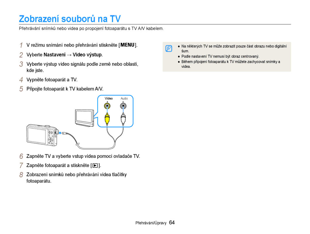 Samsung EC-ES30ZZBABE3, EC-ES30ZZBASE3 manual Zobrazení souborů na TV, Vyberte Nastavení → Video výstup 