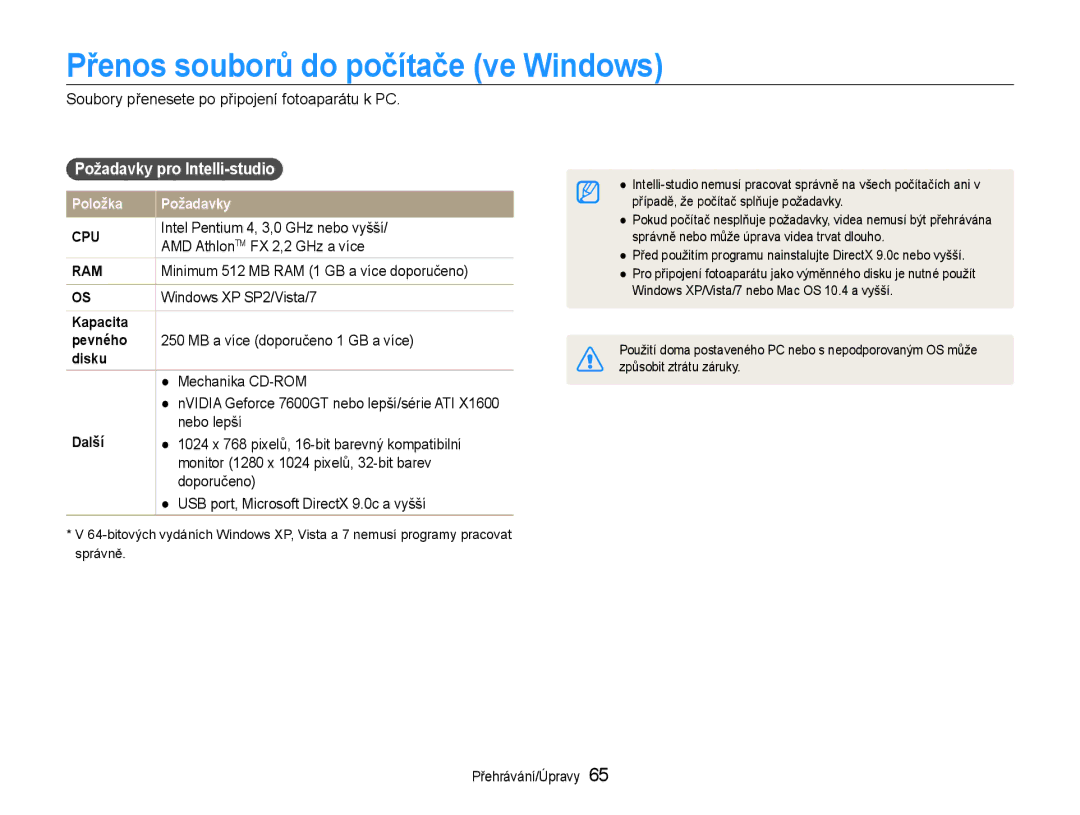 Samsung EC-ES30ZZBASE3, EC-ES30ZZBABE3 manual Přenos souborů do počítače ve Windows, Požadavky pro Intelli-studio 