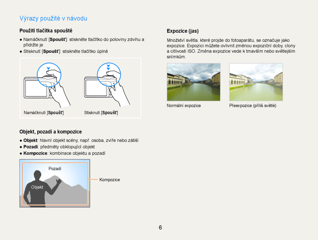 Samsung EC-ES30ZZBABE3 manual Výrazy použité v návodu, Použití tlačítka spouště, Objekt, pozadí a kompozice, Expozice jas 