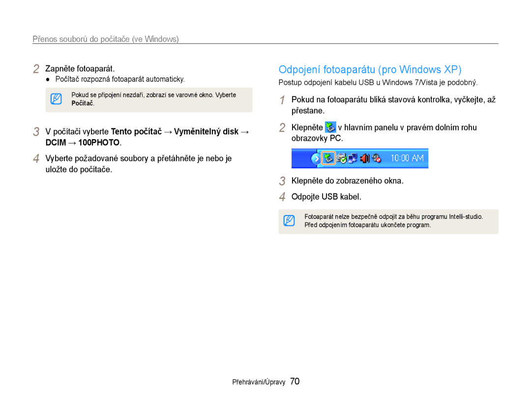 Samsung EC-ES30ZZBABE3 manual Odpojení fotoaparátu pro Windows XP, Počítači vyberte Tento počítač → Vyměnitelný disk → 