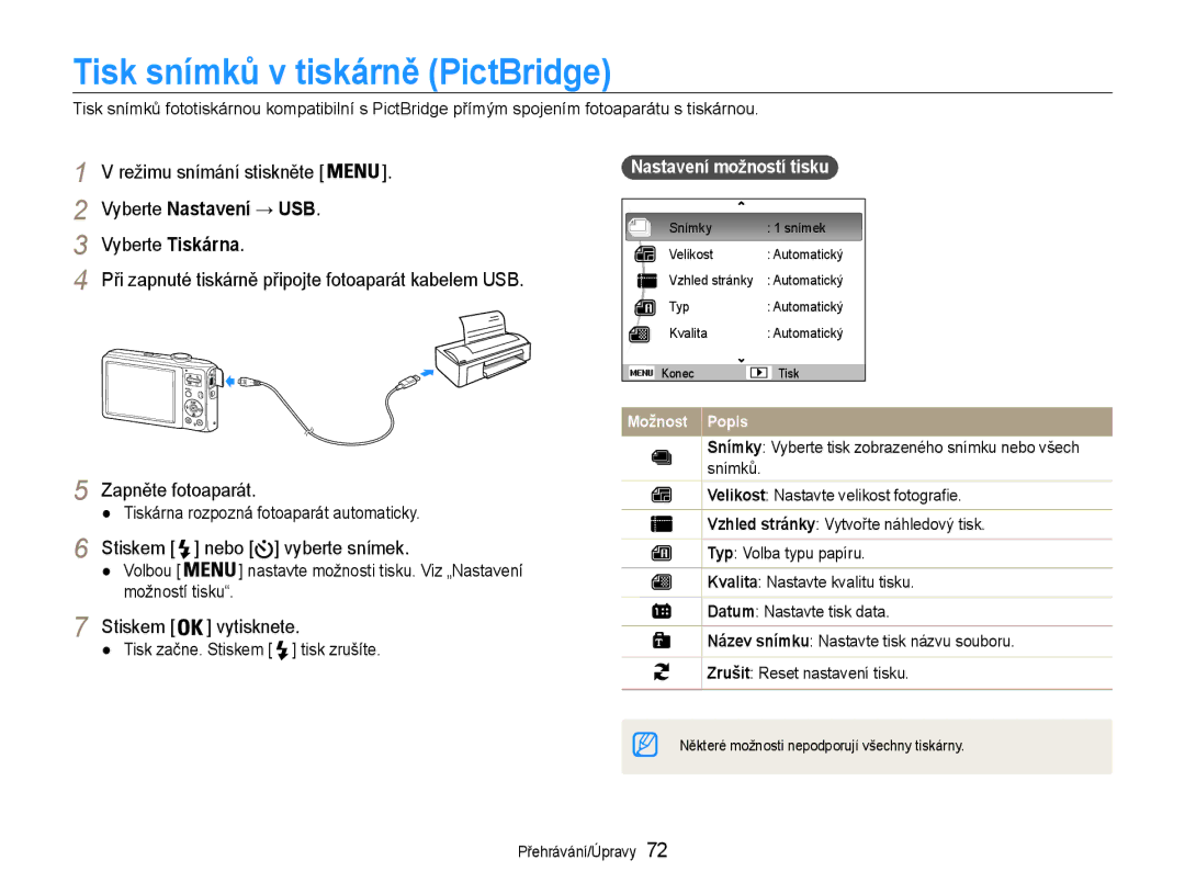 Samsung EC-ES30ZZBABE3 Tisk snímků v tiskárně PictBridge, Vyberte Nastavení → USB, Vyberte Tiskárna, Stiskem vytisknete 