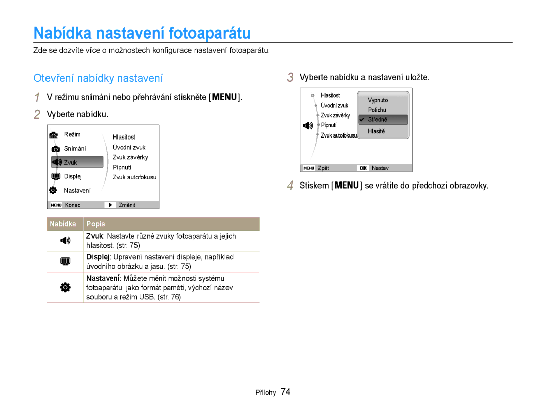 Samsung EC-ES30ZZBABE3, EC-ES30ZZBASE3 manual Nabídka nastavení fotoaparátu, Otevření nabídky nastavení, Vyberte nabídku 