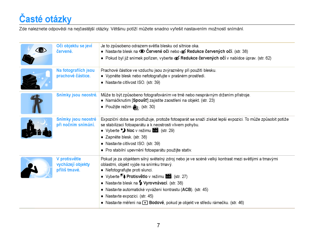 Samsung EC-ES30ZZBASE3, EC-ES30ZZBABE3 manual Časté otázky, Redukce červených očí. str, Protisvětlo v režimu 