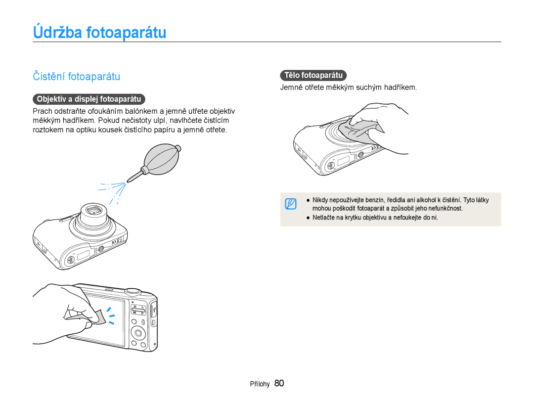 Samsung EC-ES30ZZBABE3 manual Údržba fotoaparátu, Čistění fotoaparátu, Objektiv a displej fotoaparátu, Tělo fotoaparátu 