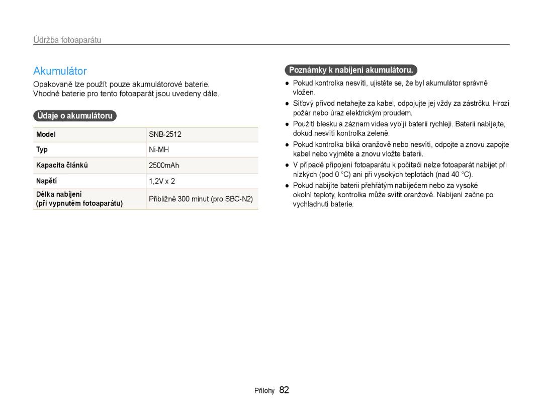Samsung EC-ES30ZZBABE3, EC-ES30ZZBASE3 manual Akumulátor, Údaje o akumulátoru, Poznámky k nabíjení akumulátoru 