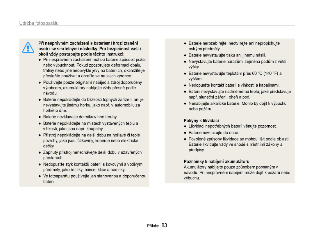 Samsung EC-ES30ZZBASE3, EC-ES30ZZBABE3 manual Při nesprávném zacházení mohou baterie způsobit požár, Pokyny k likvidaci 