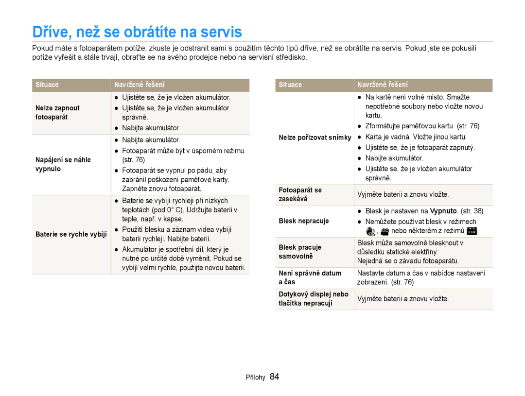 Samsung EC-ES30ZZBABE3, EC-ES30ZZBASE3 manual Dříve, než se obrátíte na servis 