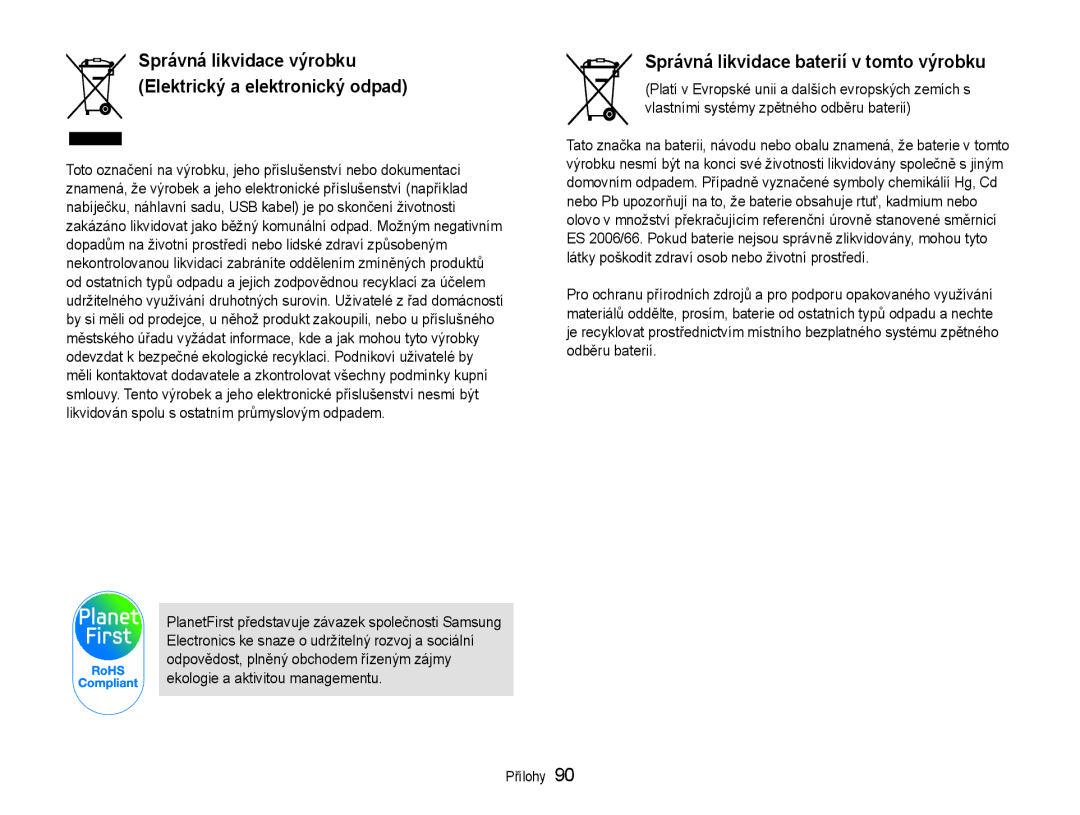 Samsung EC-ES30ZZBABE3, EC-ES30ZZBASE3 manual Správná likvidace baterií v tomto výrobku 