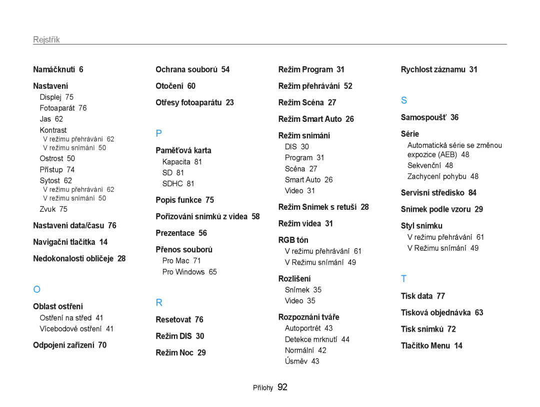 Samsung EC-ES30ZZBABE3, EC-ES30ZZBASE3 manual Rejstřík 
