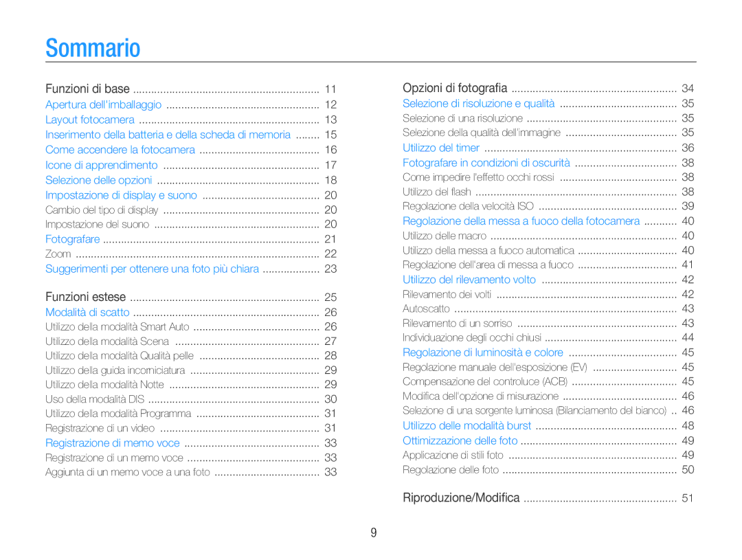 Samsung EC-ES30ZZBASGB, EC-ES30ZZBASE1 manual Sommario 