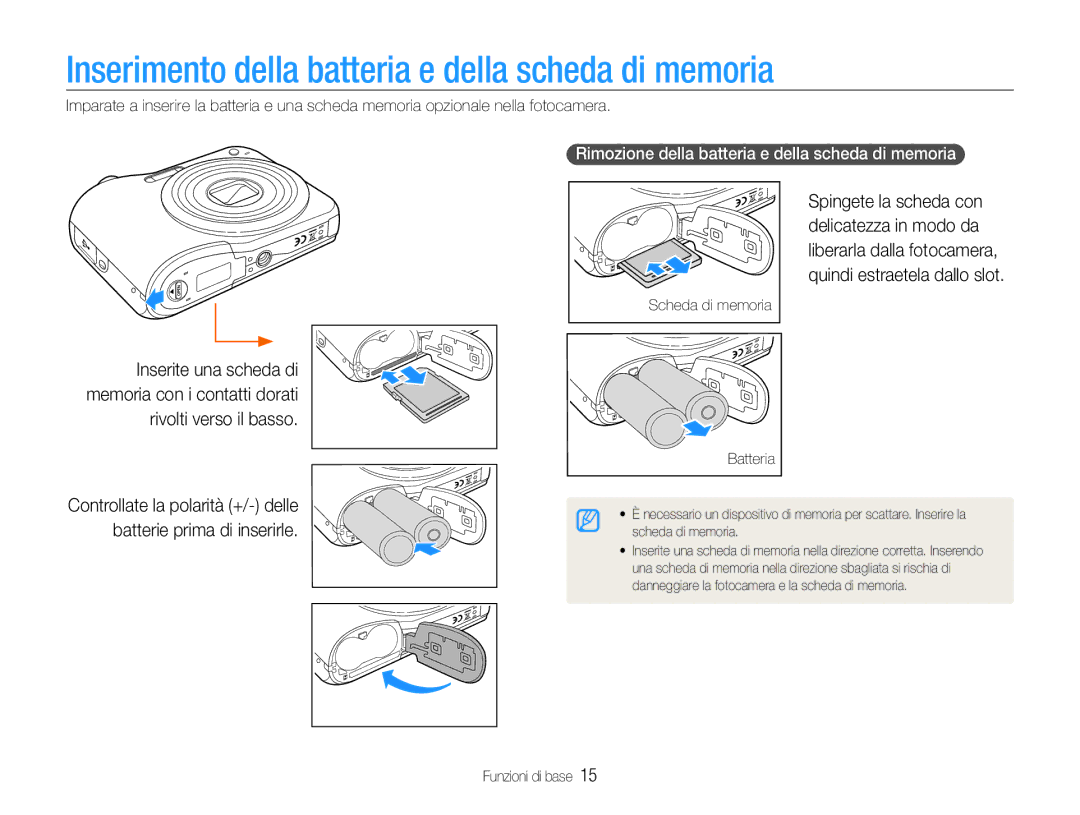 Samsung EC-ES30ZZBASGB, EC-ES30ZZBASE1 manual Inserimento della batteria e della scheda di memoria 