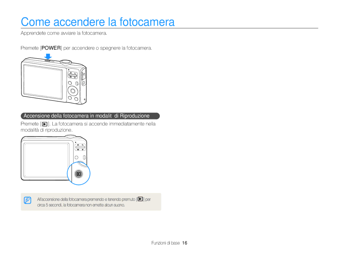 Samsung EC-ES30ZZBASE1 manual Come accendere la fotocamera, Accensione della fotocamera in modalità di Riproduzione 