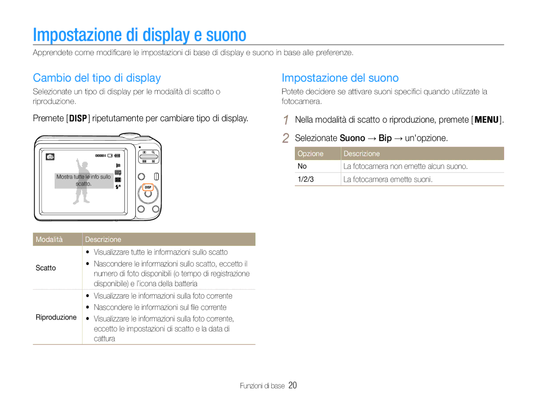 Samsung EC-ES30ZZBASE1, EC-ES30ZZBASGB Impostazione di display e suono, Cambio del tipo di display, Impostazione del suono 