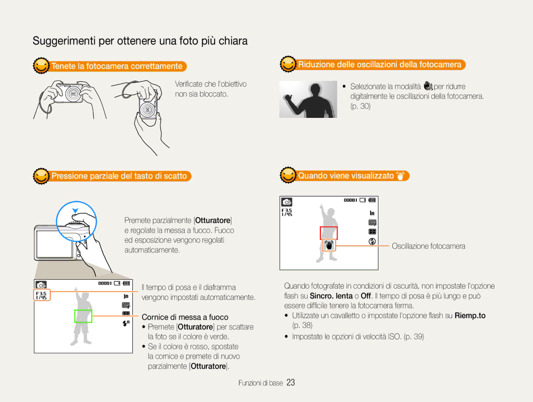 Samsung EC-ES30ZZBASGB, EC-ES30ZZBASE1 manual Tenete la fotocamera correttamente, Pressione parziale del tasto di scatto 