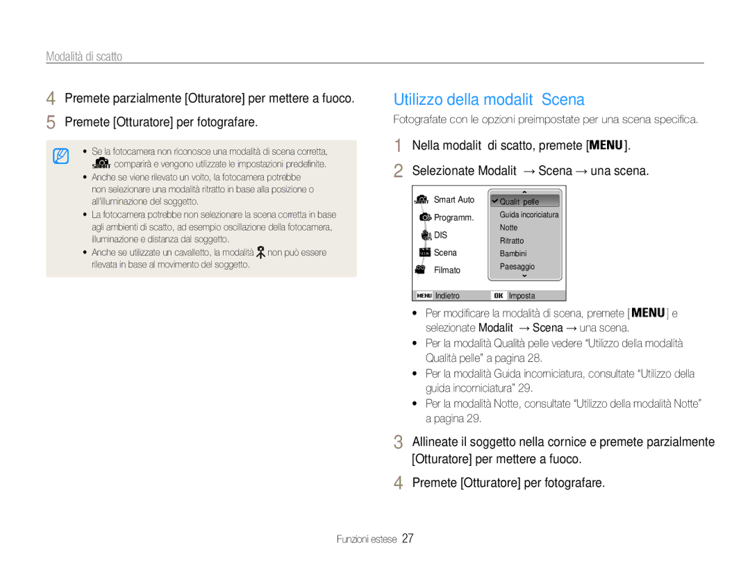 Samsung EC-ES30ZZBASGB, EC-ES30ZZBASE1 manual Utilizzo della modalità Scena, Modalità di scatto 