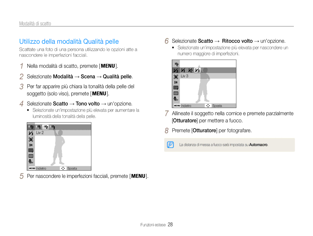 Samsung EC-ES30ZZBASE1 manual Utilizzo della modalità Qualità pelle, Selezionate Scatto → Ritocco volto → unopzione 