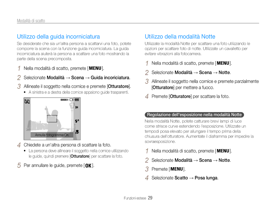 Samsung EC-ES30ZZBASGB, EC-ES30ZZBASE1 manual Utilizzo della guida incorniciatura, Utilizzo della modalità Notte 