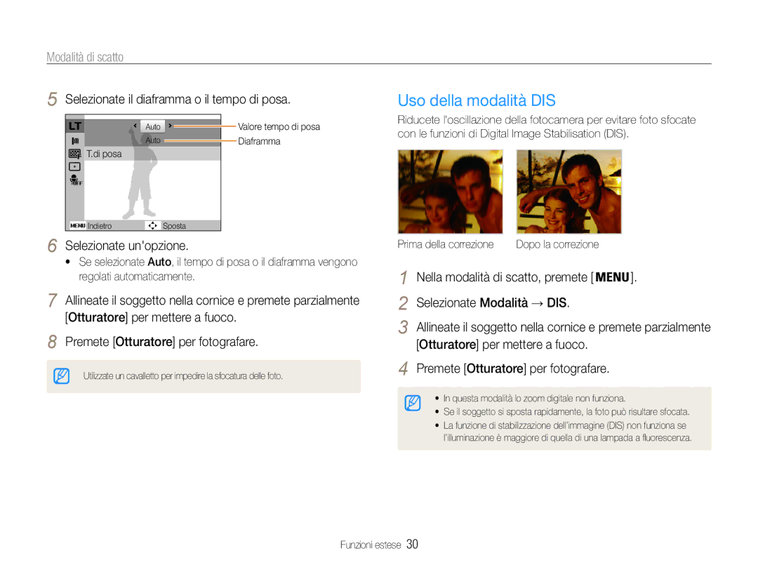 Samsung EC-ES30ZZBASE1 manual Uso della modalità DIS, Selezionate il diaframma o il tempo di posa, Selezionate unopzione 