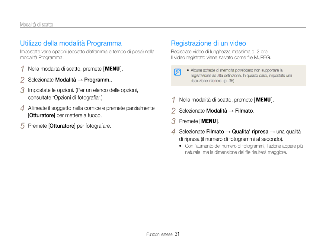 Samsung EC-ES30ZZBASGB, EC-ES30ZZBASE1 manual Utilizzo della modalità Programma, Registrazione di un video 