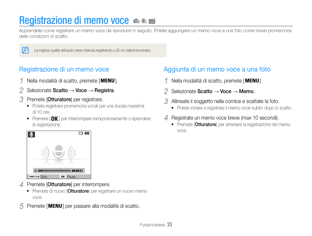 Samsung EC-ES30ZZBASGB Registrazione di memo voce, Registrazione di un memo voce, Aggiunta di un memo voce a una foto 