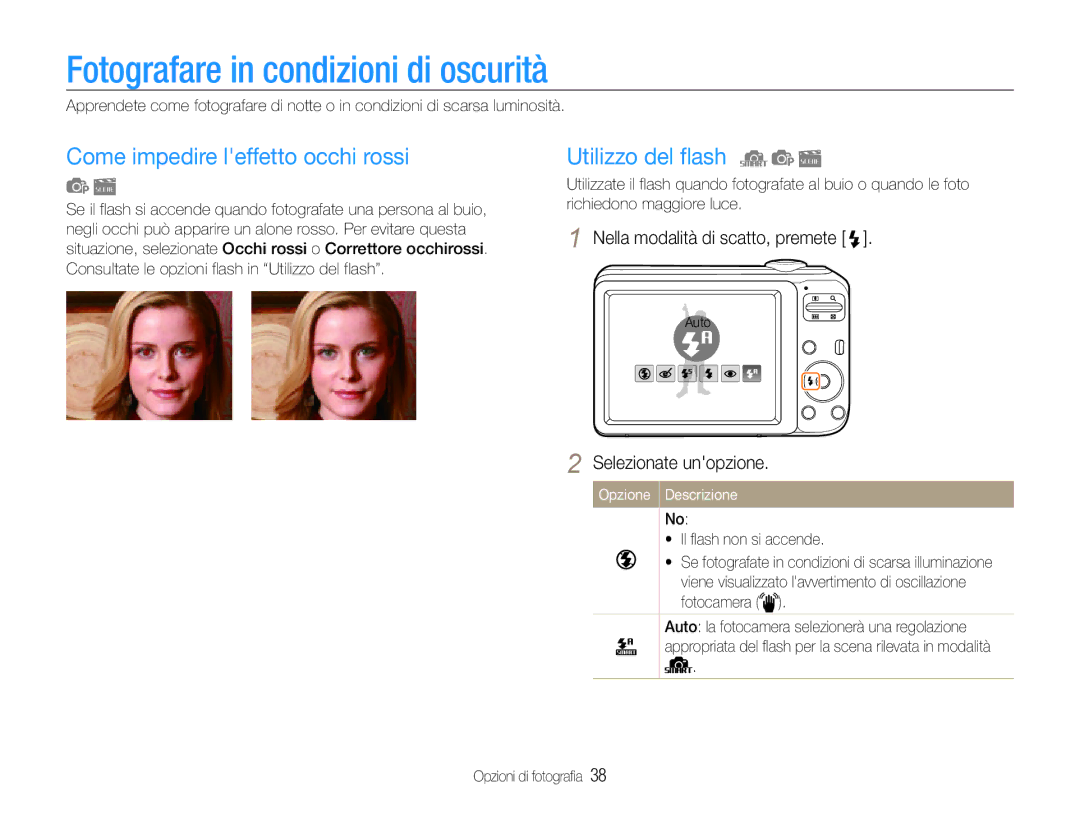 Samsung EC-ES30ZZBASE1 manual Fotografare in condizioni di oscurità, Come impedire leffetto occhi rossi, Utilizzo del flash 