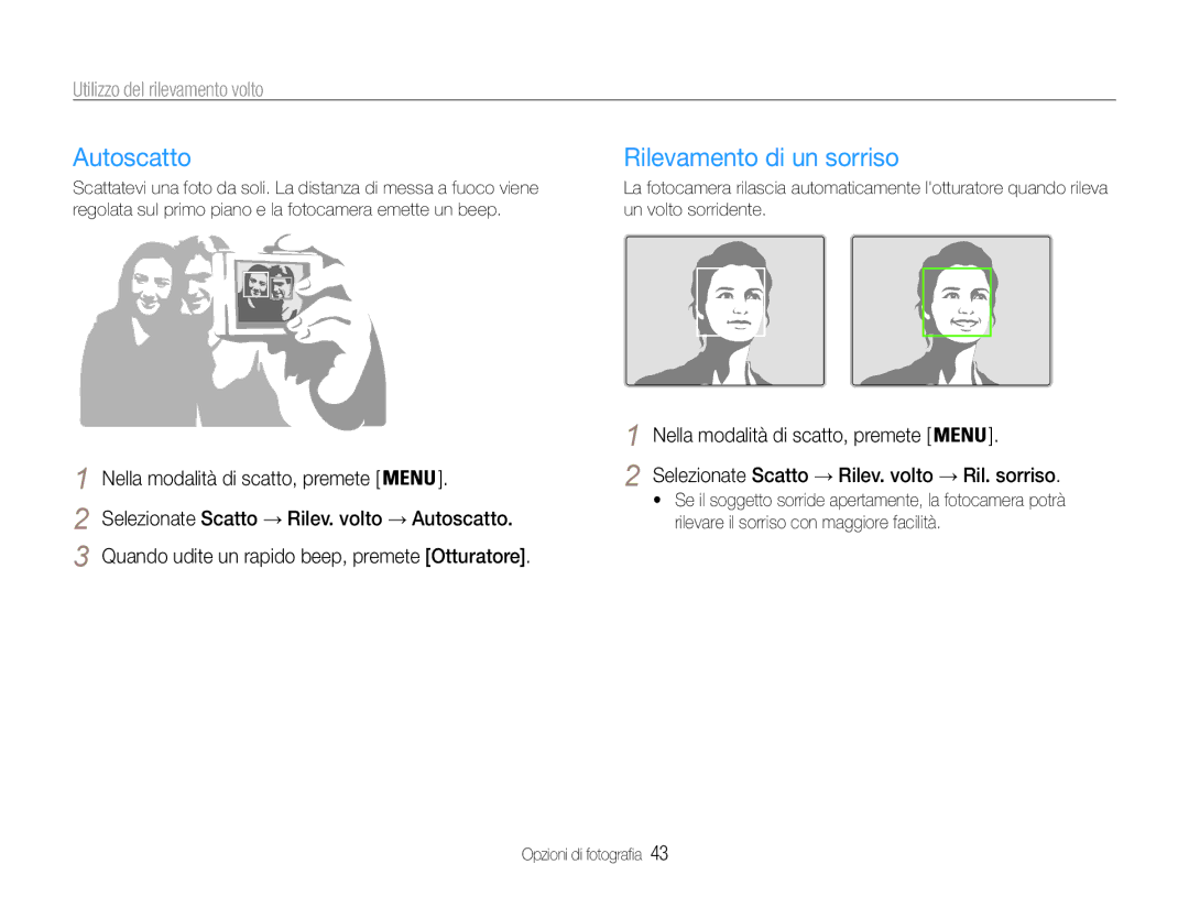 Samsung EC-ES30ZZBASGB, EC-ES30ZZBASE1 manual Autoscatto, Rilevamento di un sorriso, Utilizzo del rilevamento volto 