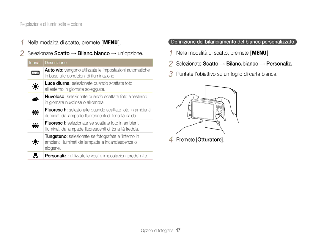 Samsung EC-ES30ZZBASGB, EC-ES30ZZBASE1 manual Definizione del bilanciamento del bianco personalizzato, Icona Descrizione 