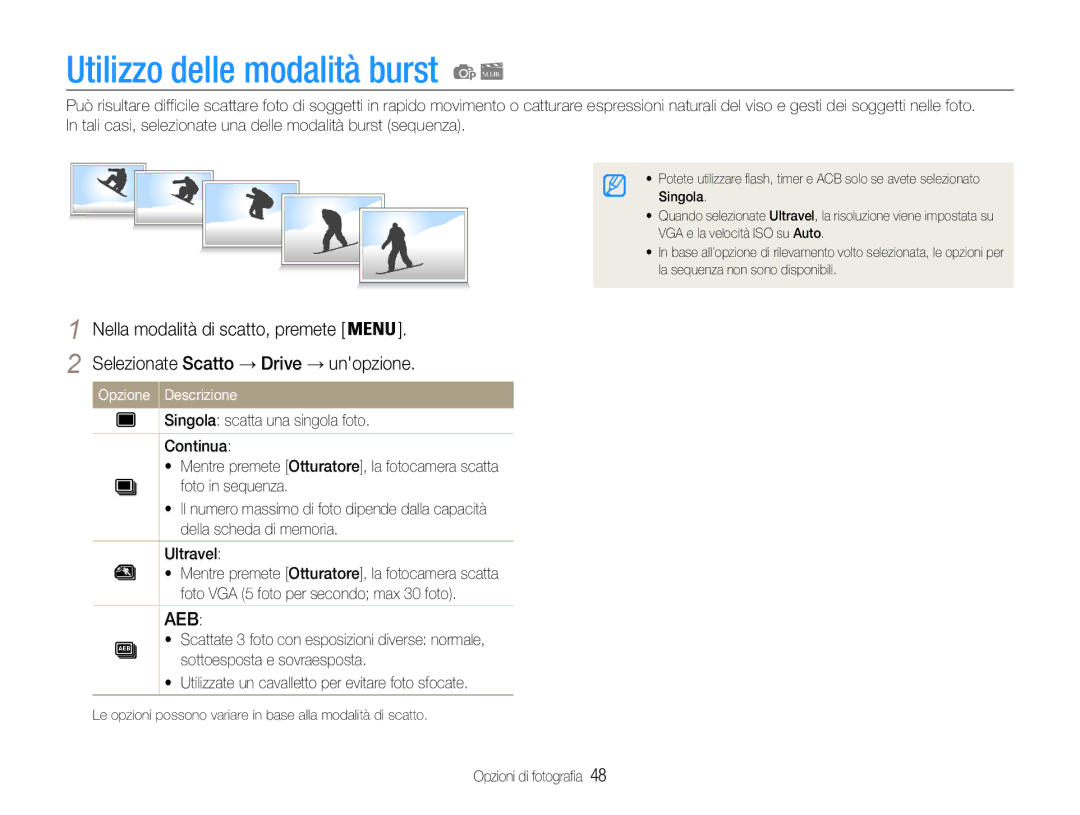 Samsung EC-ES30ZZBASE1, EC-ES30ZZBASGB manual Utilizzo delle modalità burst, Aeb 