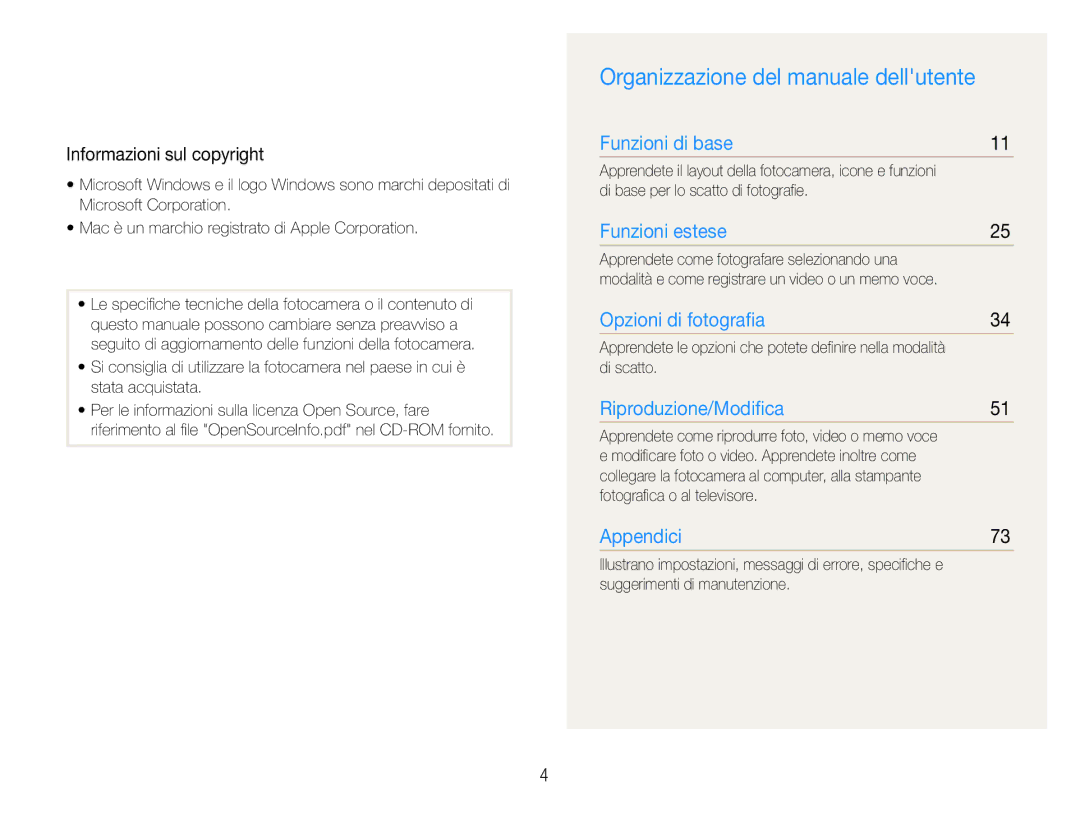 Samsung EC-ES30ZZBASE1, EC-ES30ZZBASGB Organizzazione del manuale dellutente, Informazioni sul copyright 