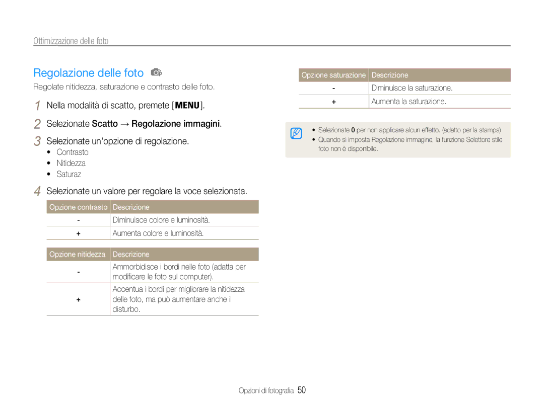 Samsung EC-ES30ZZBASE1, EC-ES30ZZBASGB manual Regolazione delle foto, Ottimizzazione delle foto 