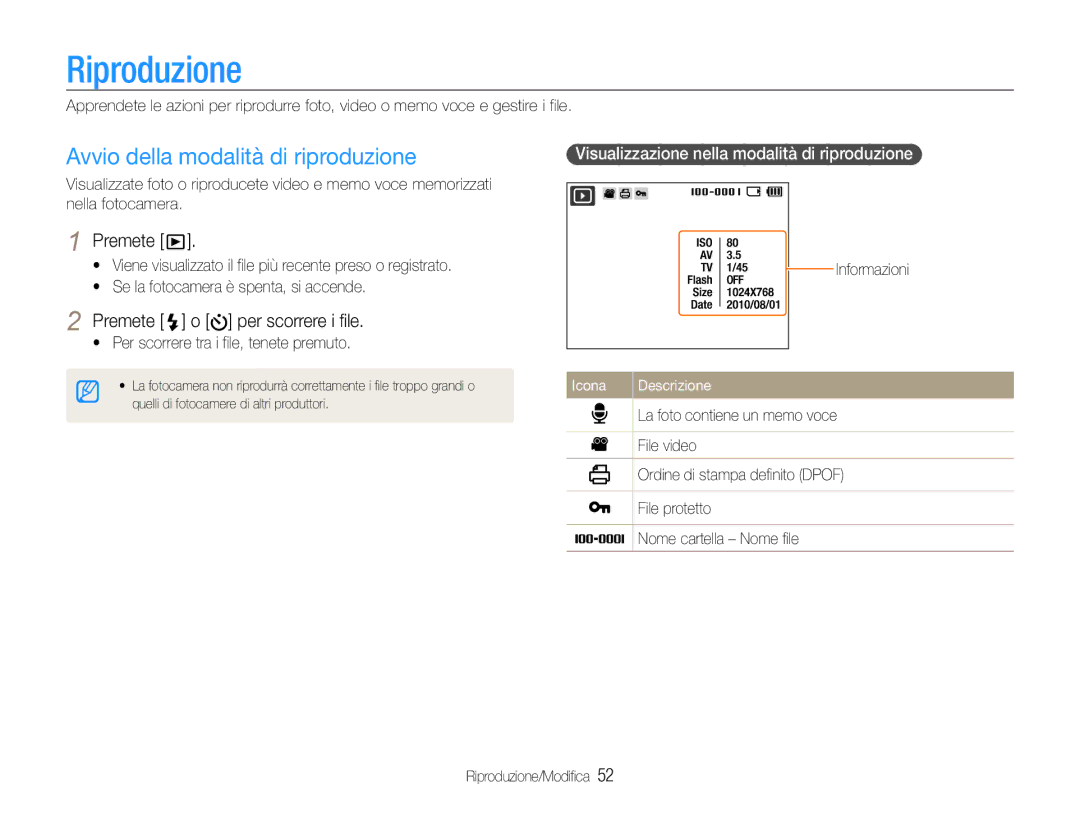 Samsung EC-ES30ZZBASE1, EC-ES30ZZBASGB Riproduzione, Avvio della modalità di riproduzione, Premete o per scorrere i file 